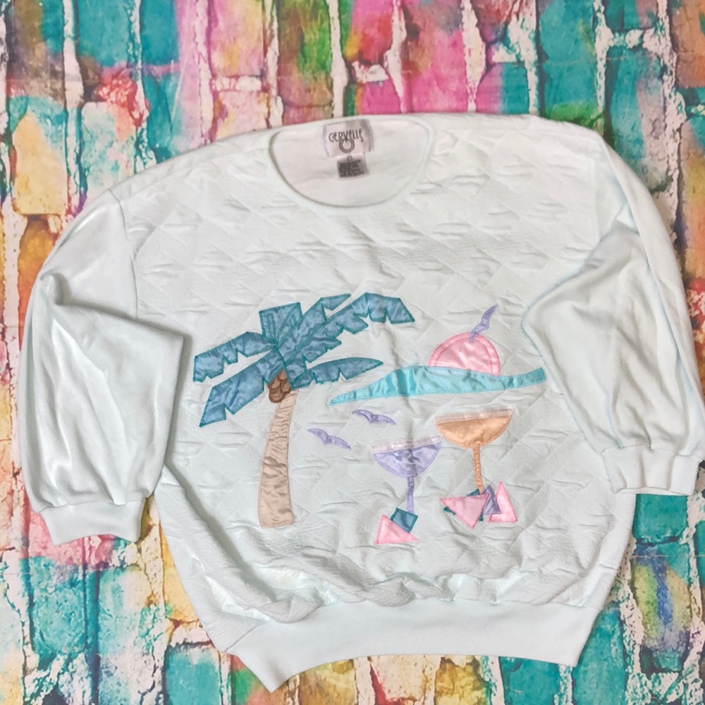 Cervelle Sky Blue Palm Tree Margarita Quilted Mid Sleeve Pull Over